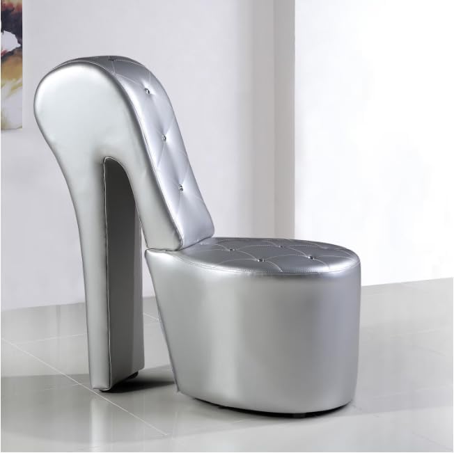First of a Kind 19" Modern Shoe Chair - Crystal Studded Faux Leather High Heel Chair with Medium Firm Comfort - Luxurious Decor Addition for Bedroom, Living Room & Studio, (Silver)
