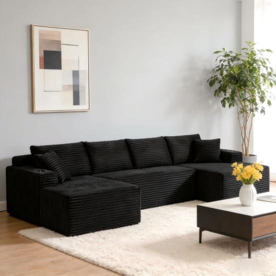 134" Modular Cloud Sectional Sleeper Sofa Couch for Living Room, U Shaped 6 Seat Sofa with 2 Storage Pockets, 2 Pillows & 2 Cup Holders, No Assembly Required (Black)