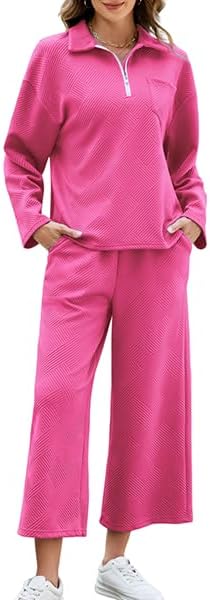 AGSEEM Lounge Sets for Women, Women's 2 Piece Outfits Long Sleeve 1/4 Zip Pullover Cropped Pants 2PC Outfit Comfy Sweatsuits