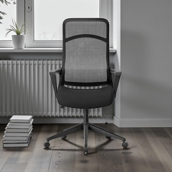 Ergonomic Mesh Office Chair – Black Adjustable Desk Chair with Upholstered Seat, Breathable Back, Fixed Armrests & 5-Wheel Rolling Base for Home Office or Study