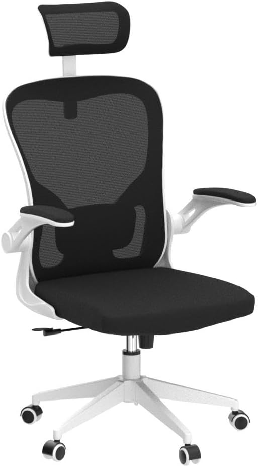 Office Chair Ergonomic Desk Chair with Lumbar Support&Headrest&Flip-up Arms Height Adjustable Rocking Swivel High Computer Chair Multi-Angle from 90° to 125° with 350LBS Capacity (03White+Black)