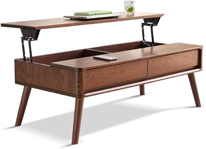 Oak Wood Lift Top Coffee Table with Storage, Mid-Century Modern Rectangle Coffee Tables for Living Room,Wooden Walnut Coffee Table for Dining,Working,Playing Games Desk