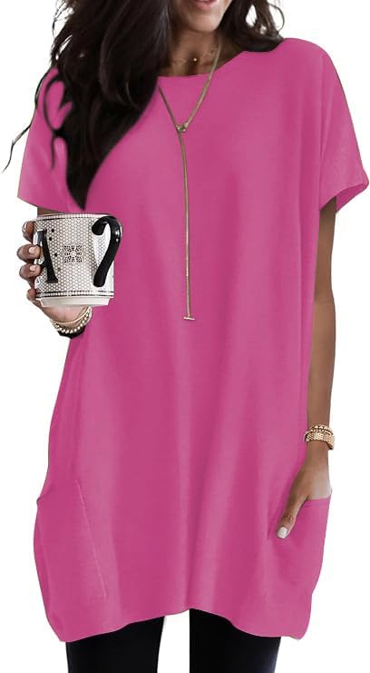Poetsky Summer Womens Tunic Tops for Leggings with Pockets Short Sleeve Casual Long T Shirts S-3XL