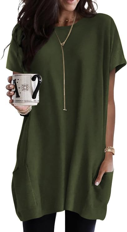 Poetsky Summer Womens Tunic Tops for Leggings with Pockets Short Sleeve Casual Long T Shirts S-3XL