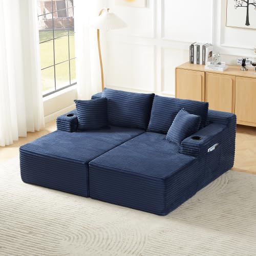 134" Modular Cloud Sectional Sleeper Sofa Couch for Living Room, U Shaped 6 Seat Sofa with 2 Storage Pockets, 2 Pillows & 2 Cup Holders, No Assembly Required (Blue)