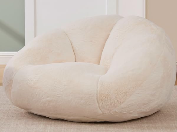 3.28 Feet Bean Bag Chair for Adults, Shell-Shaped Bean Bag Lazy Couch, Faux Fur Cloud Sofa Chair, Lounge Floor Sofa with Filler for Reading, Gaming & Watching, No Assembly Required (Beige)