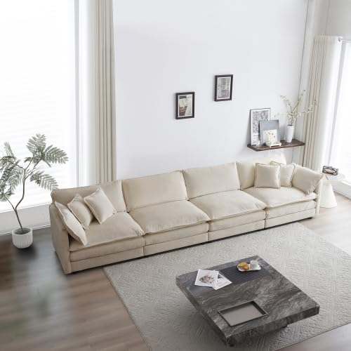 Aoowow Modular Sectional Sofa,147.2 Inch Deep 4-Seater Sofas Comfy Chenille Cloud Sofas and Couches with Pillows for Living Room Apartment（Light Coffee）