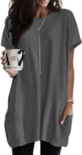 Poetsky Summer Womens Tunic Tops for Leggings with Pockets Short Sleeve Casual Long T Shirts S-3XL