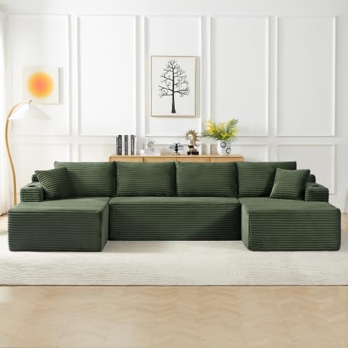 134" Modular Cloud Sectional Sleeper Sofa Couch for Living Room, U Shaped 6 Seat Sofa with 2 Storage Pockets, 2 Pillows & 2 Cup Holders, No Assembly Required (Green)