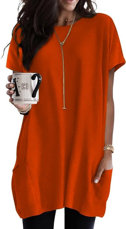 Poetsky Summer Womens Tunic Tops for Leggings with Pockets Short Sleeve Casual Long T Shirts S-3XL