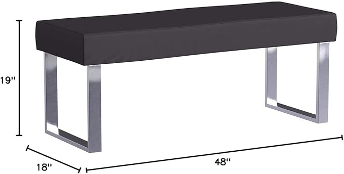 Armen Living Amanda Bench in Grey Faux Leather and Chrome Finish 48 x 19 x 18