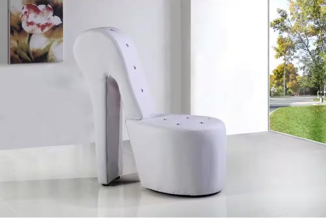 First of a Kind 19" Modern Shoe Chair - Crystal Studded Faux Leather High Heel Chair with Medium Firm Comfort - Luxurious Decor Addition for Bedroom, Living Room & Studio, (White)