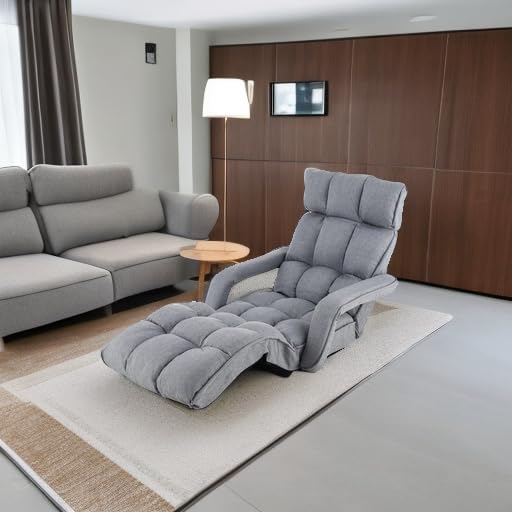 KOMFOTT Foldable Floor Lazy Sofa, Indoor Chaise Lounge Sofa with 6 Adjustable Positions, Folding Chair Bed with Adjustable Armrests, Backrest & Footrest, Ideal for Living Room, Bedroom (Grey)