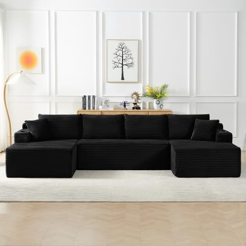 134" Modular Cloud Sectional Sleeper Sofa Couch for Living Room, U Shaped 6 Seat Sofa with 2 Storage Pockets, 2 Pillows & 2 Cup Holders, No Assembly Required (Black)