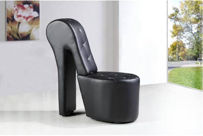 First of a Kind 19" Modern Shoe Chair - Crystal Studded Faux Leather High Heel Chair with Medium Firm Comfort - Luxurious Decor Addition for Bedroom, Living Room & Studio, (Black)