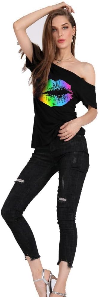 MAGICMK Women’s Short Lips Print Causal Off The Shoulder Plus Size T-Shirt Tops