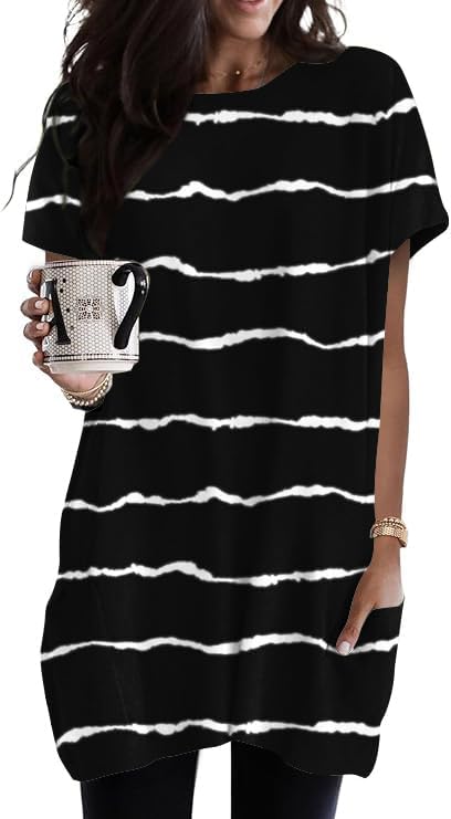 Poetsky Summer Womens Tunic Tops for Leggings with Pockets Short Sleeve Casual Long T Shirts S-3XL