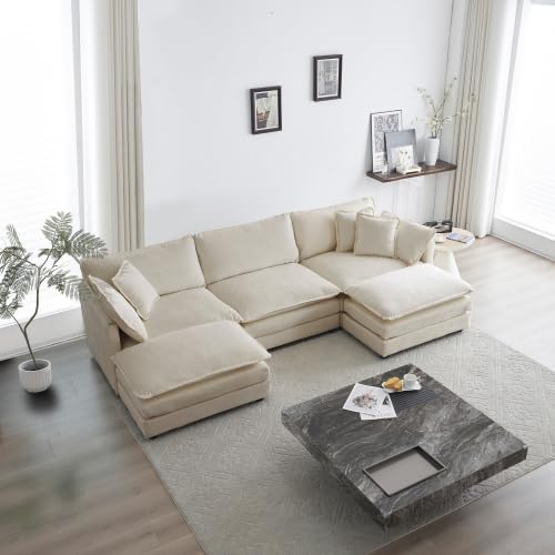 Aoowow Modular Sectional Sofa Modern Convertible U Shaped Couch,112.2 Inch Deep 3-Seater Sofas Set Comfy Chenille Cloud Sofas and Couches with Movable Ottoman for Living Room Apartment（Light Coffee）