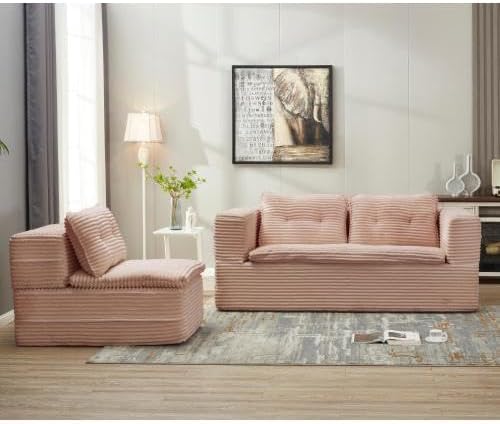 80" Foldable Floor Couch, 3-Seat Convertible Sleeper Sofa with Chaise Lounge, Blanket and 3 Soft Pillows, Corduroy Fabric, for Living Room, Bedroom, Apartment, No Assembly Required, Pink