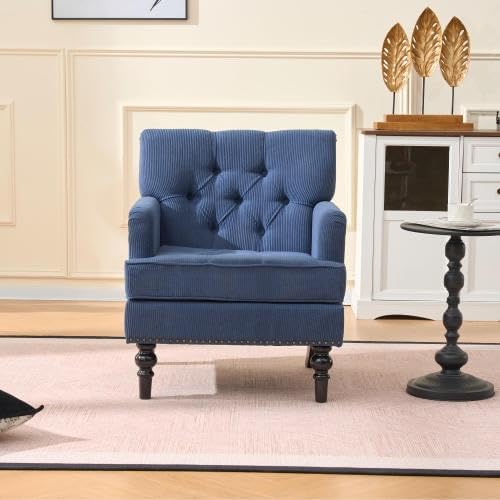 Tufted Club Chair, Accent Chair with Lumbar Pillow, Upholstered Button Armchair, Linen Fabric Sofa Chairs for Bedroom, Living Room, Mid Century Modern with Studded Reading Chair Blue