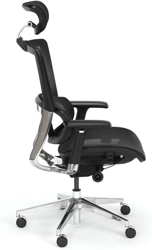 NBF Ergonomic Leather Office Chair with Adjustable Armrests & Headrest Removable, Ventilated Mesh High Back Computer Chair with Seat Slider,28" D x 28" W x 36" H, Aluminum, Black
