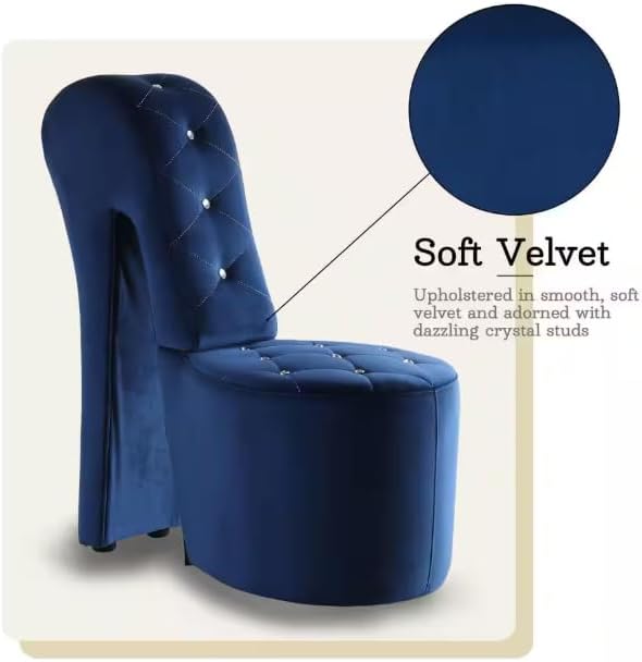 First of a Kind 19" Modern Shoe Chair - Crystal Studded Velvet High Heel Chair with Medium Firm Comfort - Luxurious Decor Addition for Bedroom, Living Room & Studio, (Blue)