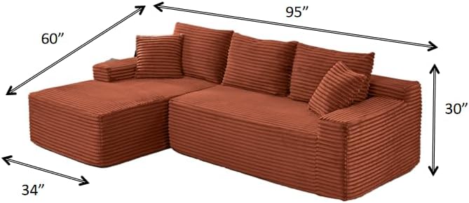HYJT-H&K Modular Sectional Sofa Cloud Sectional Couch, 95" Comfy Fluffy L Shaped Orange Couches for Living Room, Deep Seat Memory Foam Plush Corduroy Boneless Couch Sectionals Left Facing Chaise Sofa