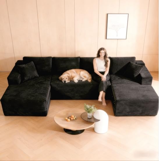 134" Modular Cloud Sectional Sleeper Sofa Couch for Living Room, U Shaped 6 Seat Sofa with 2 Storage Pockets, 2 Pillows & 2 Cup Holders, No Assembly Required (Black)