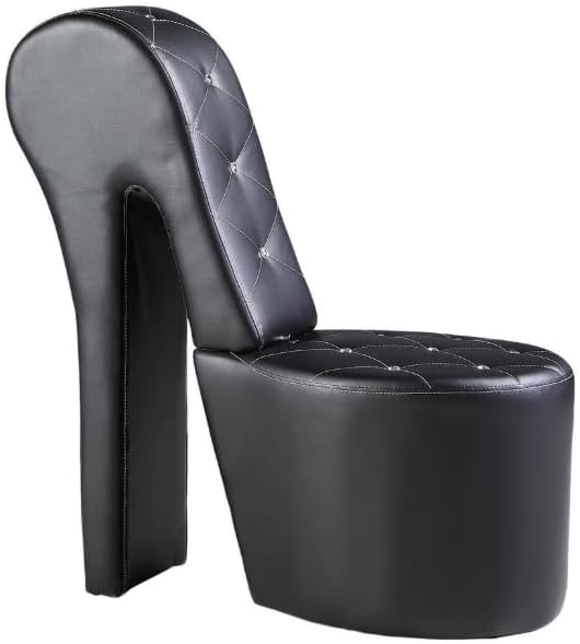 First of a Kind 19" Modern Shoe Chair - Crystal Studded Faux Leather High Heel Chair with Medium Firm Comfort - Luxurious Decor Addition for Bedroom, Living Room & Studio, (Black)
