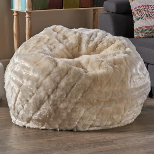 3 Foot Faux Fur Bean Bag Chair, Large White Bean Bag for Adults & Kids, 300 lb Capacity Plush Lounger for Living Room, Bedroom, Game Room, Removable Cover