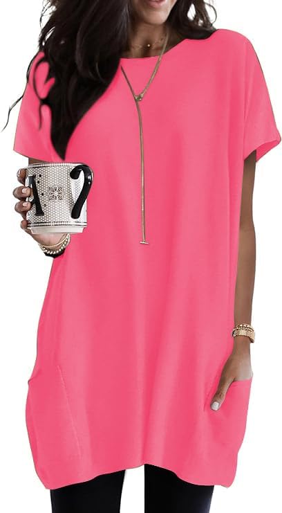 Poetsky Summer Womens Tunic Tops for Leggings with Pockets Short Sleeve Casual Long T Shirts S-3XL
