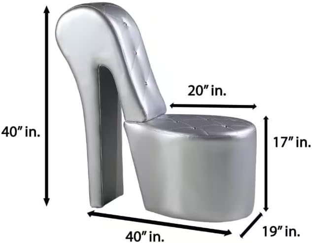 First of a Kind 19" Modern Shoe Chair - Crystal Studded Faux Leather High Heel Chair with Medium Firm Comfort - Luxurious Decor Addition for Bedroom, Living Room & Studio, (Silver)