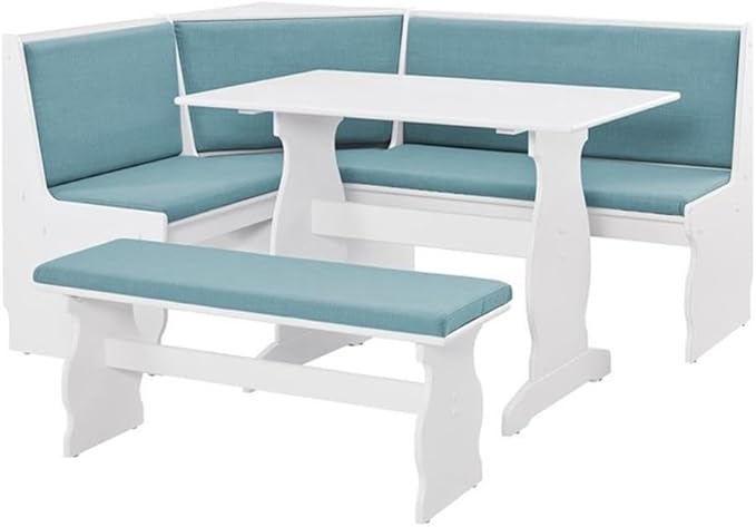 Riverbay Patio Conversation Indoor 3 Piece Kitchen Corner Nook Table Booth Bench Breakfast Dining Set in Capri Blue