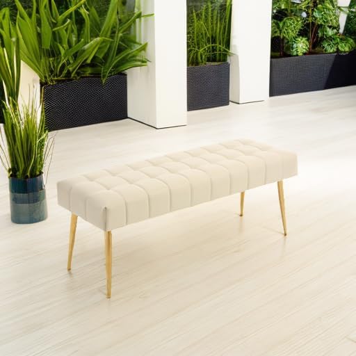 Apicizon 44.5”Entryway Bench, Soft Faux Leather Indoor Bench with Metal Legs, Modern Cushion Ottoman Bench for Bedroom, Living Room, Entrance, Dining Room, Beige