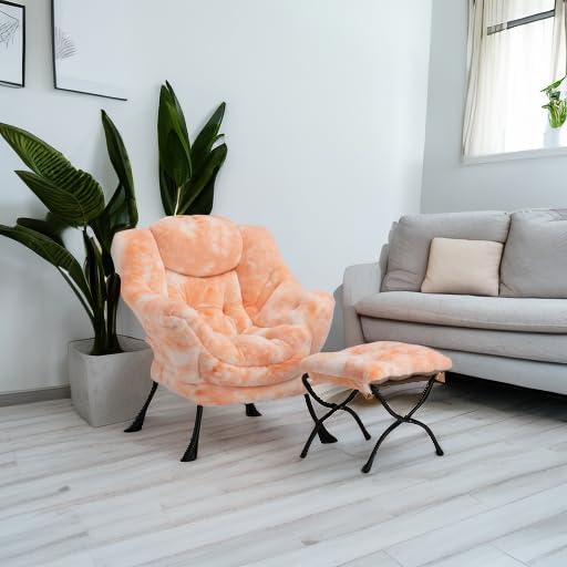 HollyHOME Lazy Chair with Foldable Ottoman, Accent Comfy Lounge Armchair and Folding Footrest Stool, Leisure Sofa Reading Chair and Footstool for Living Room, Bedroom, Dorm,Faux Fur Peach