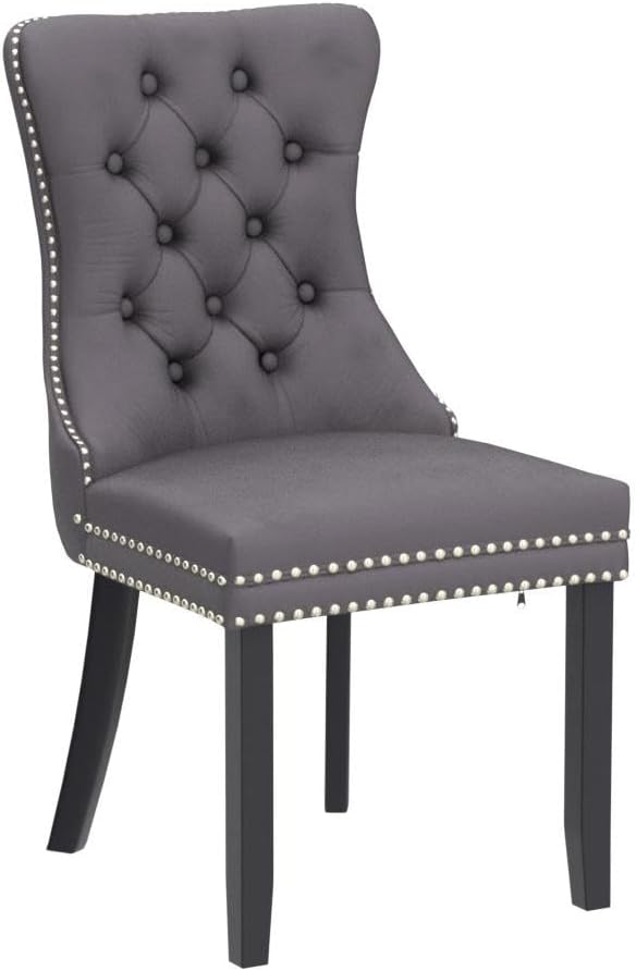 Kiztir Velvet Dining Chairs Set of 6, Upholstered Dining Room Chairs with Ring Pull Trim and Button Back, Luxury Tufted Dining Chairs for Living Room, Bedroom, Kitchen (Grey)