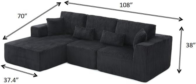 108" Boneless Cloud Sectional Couches for Living Room, Comfy Fluffy L Shaped Memory Foam Deep Seat Boneless Couch, Modular Sectional Sofa with Left Facing Chaise, Dark Black
