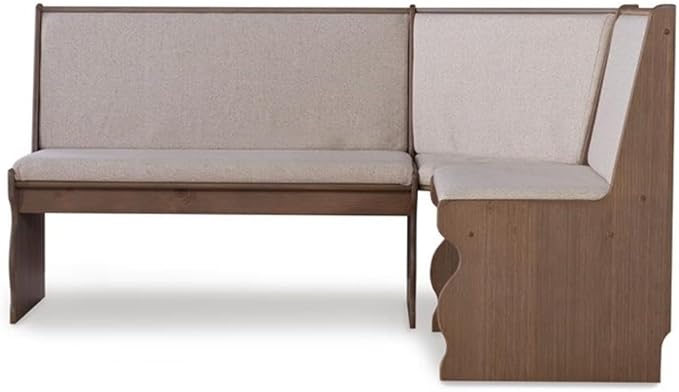Riverbay Furniture Patio Conversation Indoor 3 Piece Kitchen Breakfast Corner Table Booth Bench Natural Fabric Upholstered Dining Nook Set in Brown