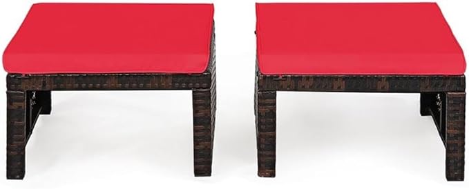 Pemberly Row Patio Rattan Ottomans/Footrests in Red Cushioned Seat (Set of 2)