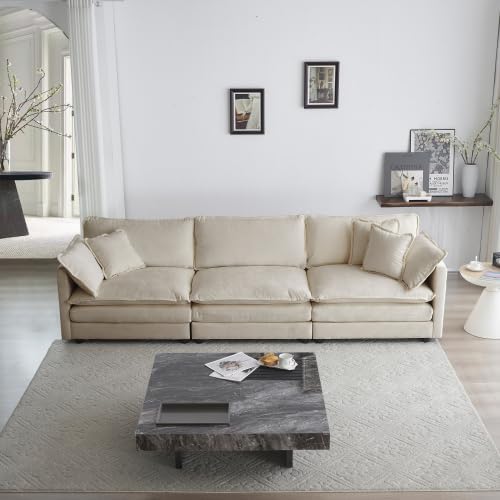 Aoowow Modular Sectional Sofa,112.2 Inch Deep 3-Seater Sofas Comfy Chenille Cloud Sofas and Couches with Pillows for Living Room Apartment（Light Coffee）