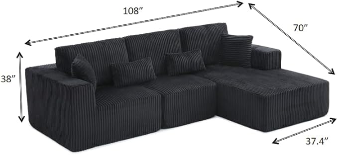 108" Boneless Cloud Sectional Couches for Living Room, Comfy Fluffy L Shaped Memory Foam Deep Seat Boneless Couch, Modular Sectional Sofa with Right Facing Chaise, Dark Black