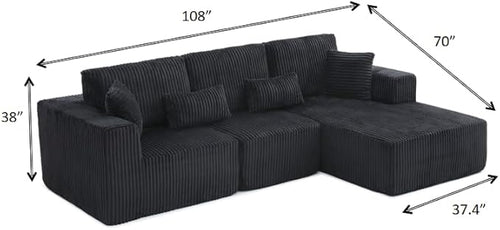 108" Boneless Cloud Sectional Couches for Living Room, Comfy Fluffy L Shaped Memory Foam Deep Seat Boneless Couch, Modular Sectional Sofa with Right Facing Chaise, Dark Black