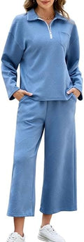 AGSEEM Lounge Sets for Women, Women's 2 Piece Outfits Long Sleeve 1/4 Zip Pullover Cropped Pants 2PC Outfit Comfy Sweatsuits