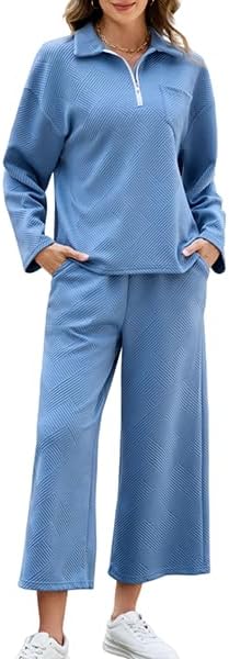 AGSEEM Lounge Sets for Women, Women's 2 Piece Outfits Long Sleeve 1/4 Zip Pullover Cropped Pants 2PC Outfit Comfy Sweatsuits