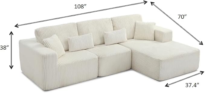 108" Boneless Cloud Sectional Couches for Living Room, Comfy Fluffy L Shaped Memory Foam Deep Seat Boneless Couch, Modular Sectional Sofa with Right Facing Chaise, Beige