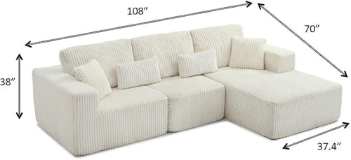 108" Boneless Cloud Sectional Couches for Living Room, Comfy Fluffy L Shaped Memory Foam Deep Seat Boneless Couch, Modular Sectional Sofa with Right Facing Chaise, Beige