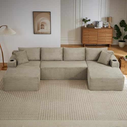 134" Modular Cloud Sectional Sleeper Sofa Couch for Living Room, U Shaped 6 Seat Sofa with 2 Storage Pockets, 2 Pillows & 2 Cup Holders, No Assembly Required (Camel)