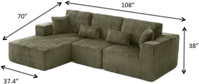 108" Boneless Cloud Sectional Couches for Living Room, Comfy Fluffy L Shaped Memory Foam Deep Seat Boneless Couch, Modular Sectional Sofa with Left Facing Chaise, Olive Green
