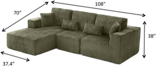 108" Boneless Cloud Sectional Couches for Living Room, Comfy Fluffy L Shaped Memory Foam Deep Seat Boneless Couch, Modular Sectional Sofa with Left Facing Chaise, Olive Green