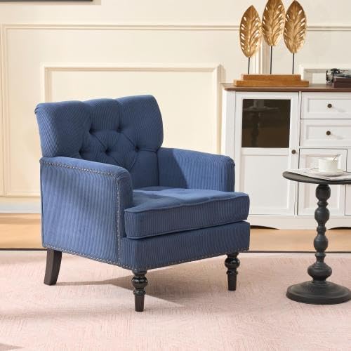 Tufted Club Chair, Accent Chair with Lumbar Pillow, Upholstered Button Armchair, Linen Fabric Sofa Chairs for Bedroom, Living Room, Mid Century Modern with Studded Reading Chair Blue
